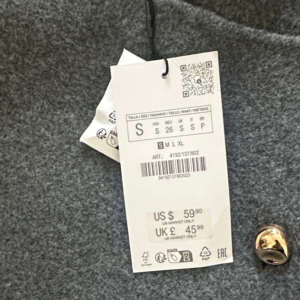 Zara Gray Wool Jacket with Gold Buttons BRAND NEW - Picture 5 of 5